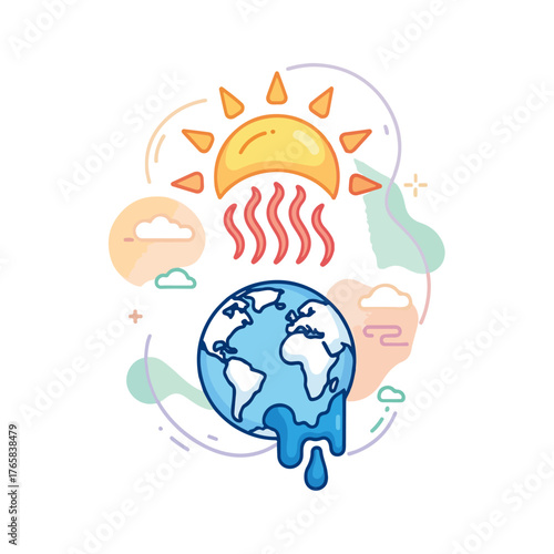 Global Warming Illustration Melting Earth, Sun, Heat Waves
