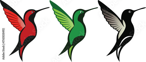 Three Hummingbirds in Different Colors flying nectar