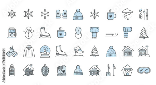 A collection of winter-themed icons featuring snowflakes, hats, mittens, snowmen, and winter activities.