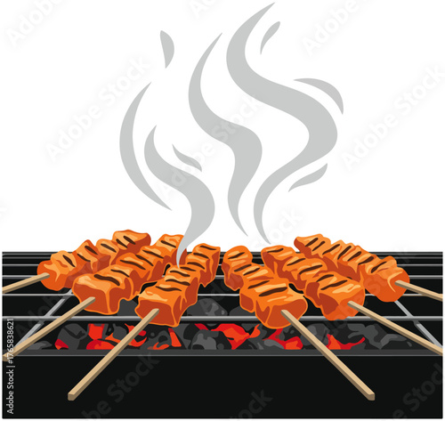 Grilled Satay Skewers on BBQ with Smoke, Food Illustration