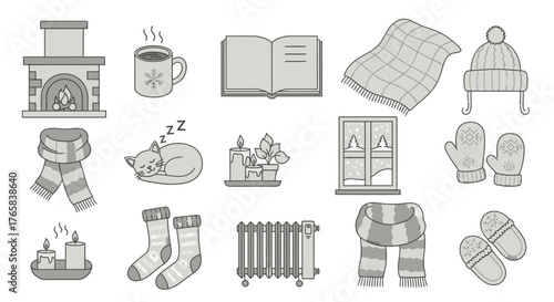 A collection of monochrome illustrations depicting various cozy winter and indoor comfort items like a fireplace, hot drinks, blankets, warm clothing, and a sleeping cat.