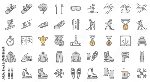 Winter sports icons: skiing, snowboarding, hockey, ice skating, and more.