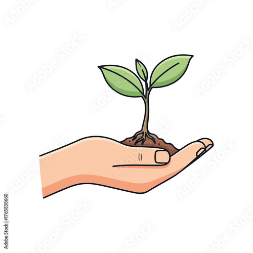 Hand Holding Plant, Sprout, Soil, Environmental Illustration