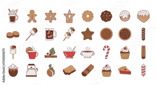 A collection of festive holiday-themed food and drink illustrations, including cookies, hot beverages, and candy canes.