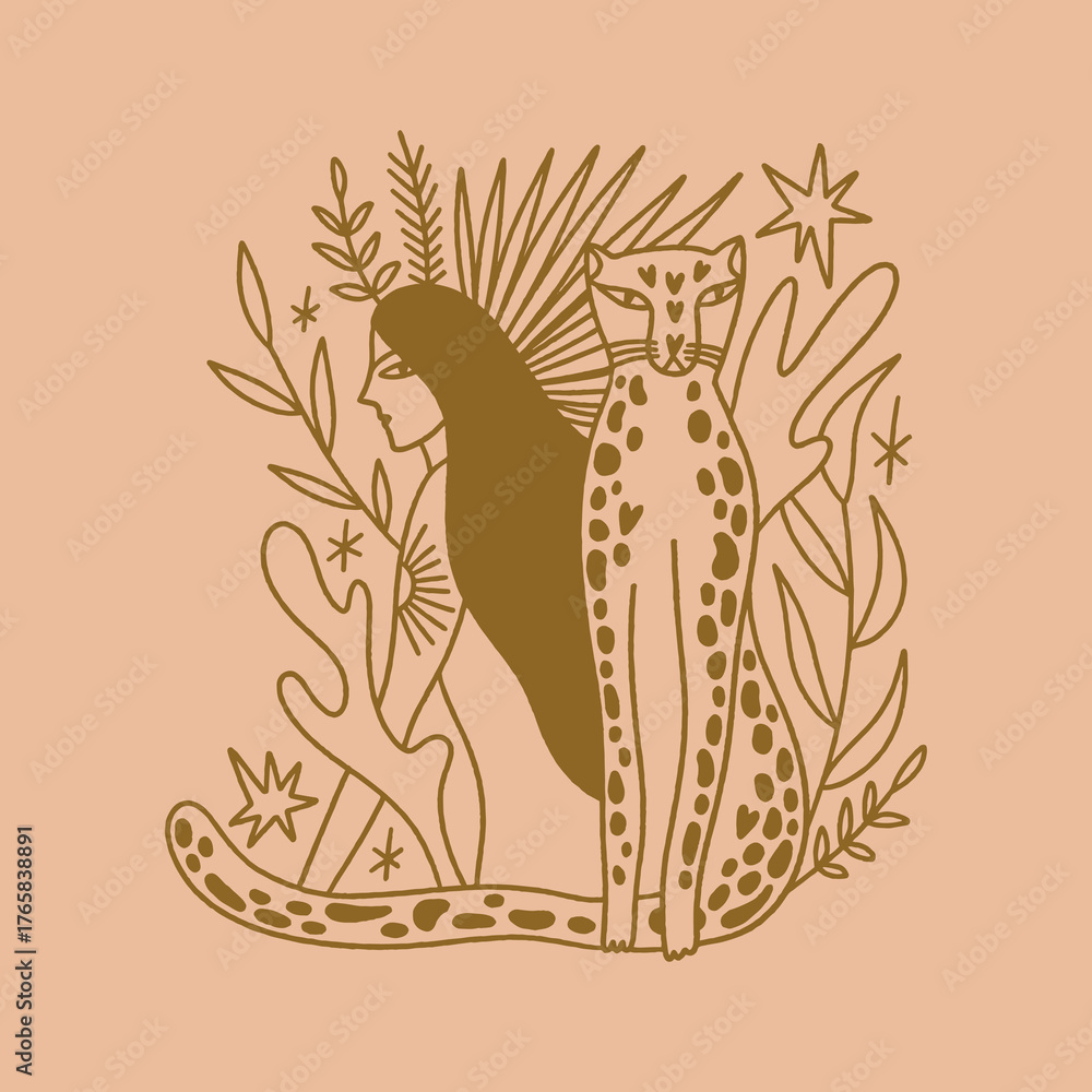Naklejka premium Divine doodle modern abstract goddess woman with wild cat leopard vector clip-art illustration. Boho sacred magic jungle line art logo or label. Mystical symbol, flat holistic vector drawing. Healing