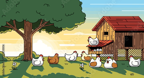 Farmyard scene featuring chickens and a coop with a large tree in the background under a sunrise