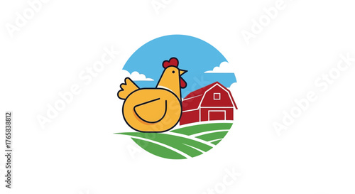 Vector logo of a cartoon chicken on a poultry farm with a traditional red barn and rolling green hills