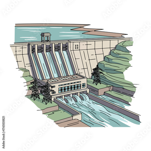 Hydroelectric Dam Illustration Energy, Power, Sustainable Design, Cartoon Style