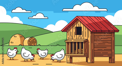 A charming vector illustration of a bucolic farm scene with free-range chickens foraging near their rustic wooden coop on a sunny day