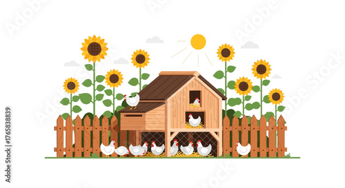 Chicken Coop Surrounded by Sunflowers A Charming Farm Scene Illustration
