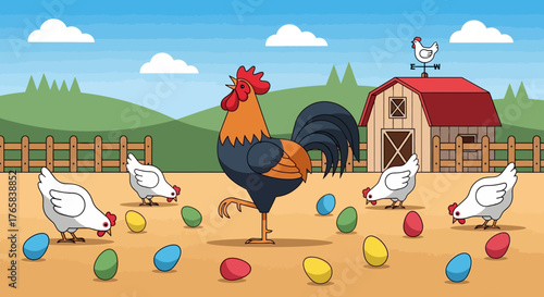 A Proud Rooster and His Colorful Easter Eggs on a Farm