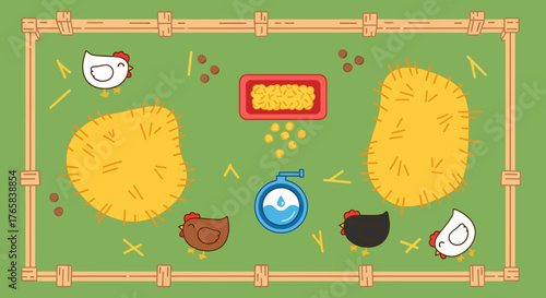 Top-down aerial view illustration of chickens in a farmyard coop with hay, feeder, and waterer
