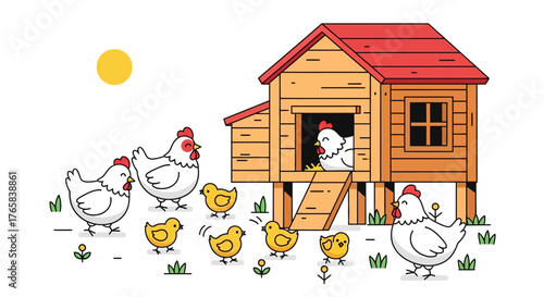 Whimsical Chicken Coop Scene Farm Animals and Poultry Illustration