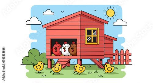 Cute chickens and hen house illustration on a sunny day with fluffy clouds in the background