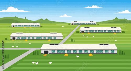 Chicken Farm in a Green Field Modern Poultry Buildings and Farm Animals