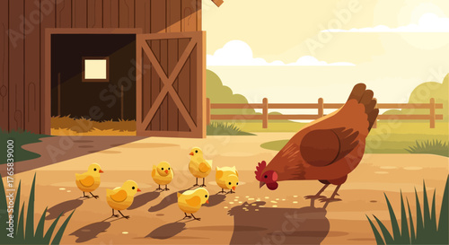 Delightful Barnyard Scene Mother Hen and Chicks Feeding in the Sun