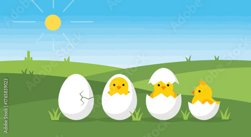 Cute baby chicks hatching from eggs in a sunny spring meadow, a symbol of new beginnings and growth