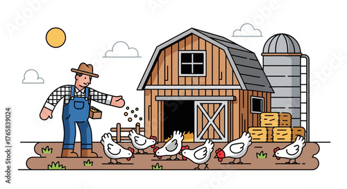 Farmer feeding chickens in front of a barn illustration - rural agriculture concept