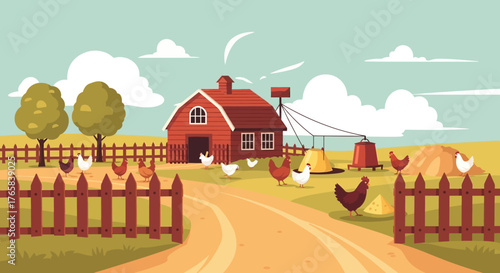 Cartoon illustration of a rural farm scene with a red barn, free-range chickens, and a wooden fence