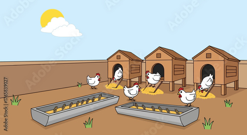 Illustration of a bustling chicken coop scene with hens feeding from troughs and nesting in their wooden houses on a sunny farm