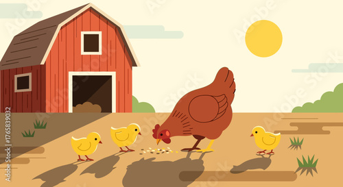 Charming illustration of a hen with her little chicks eating in a rural farmyard setting next to a classic red barn