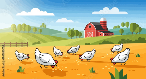 Idyllic agricultural landscape featuring a flock of free-range chickens foraging in a sunny field with a classic red barn in the distance