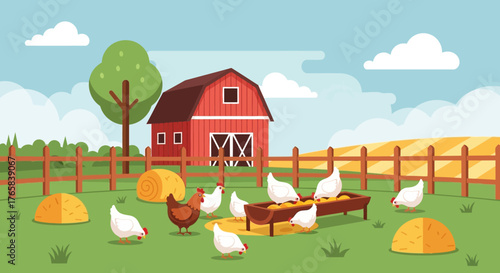 Rural Charm Chicken Coop Scene with Barn, Hay Bales, and Grazing Chickens