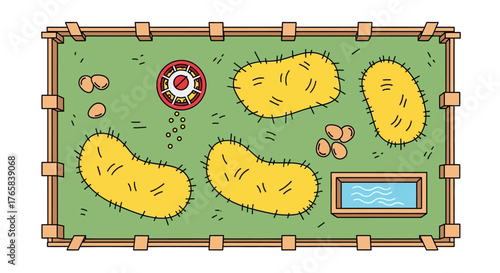 A top-down view illustration of a farm animal enclosure with hay bales, a water trough, and feed