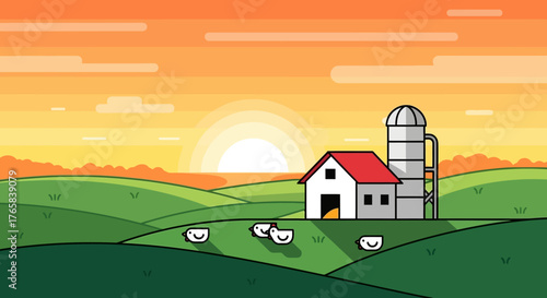 Serene rural farm landscape at sunrise with rolling hills and a barn, creating a peaceful countryside atmosphere