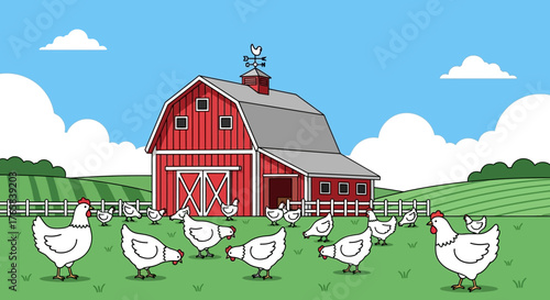 Whimsical cartoon farm scene featuring a red barn and a flock of chickens in a green field under a sunny sky, depicting idyllic rural life and agriculture