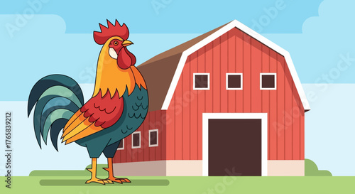 Rooster and Barn Illustration Depicting Farm Life, Rural Scenery, and Agricultural Settings