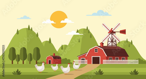 A vibrant flat design illustration of a rural farm landscape with a red barn, windmill, and chickens walking in a green field under a sunny sky