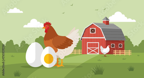 Farm Fresh Eggs and Chicken Illustration - A Rural Scene with Barn and Fields