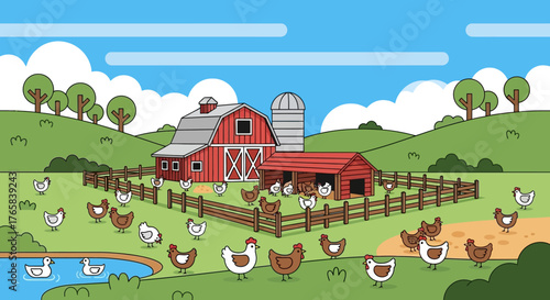 A charming cartoon illustration of a traditional red barn on a chicken farm, set in an idyllic rural landscape with rolling green hills