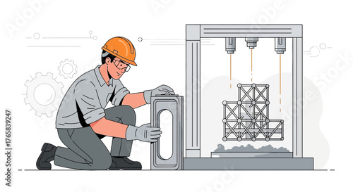 Engineer monitoring a 3D printer producing a complex metal structure with precision and safety