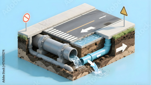 Urban storm drain cutaway sewer pipe drainage system roadway sidewalk water flow infrastructure sponge city concept cross section