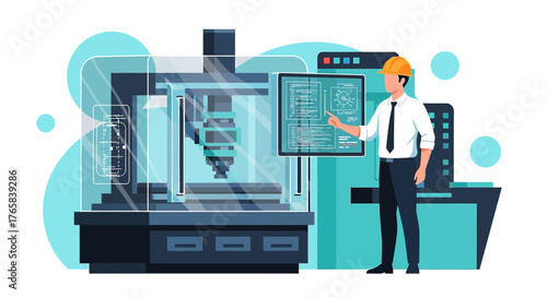 Engineer monitoring manufacturing processes with advanced CNC machine interface design