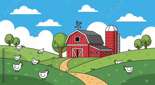 A vibrant cartoon illustration of a rural farm landscape with a red barn, silo, and chickens on rolling green hills under a blue sky