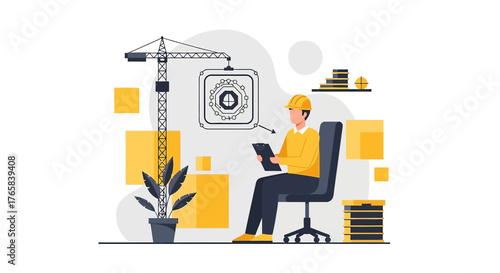 Engineer oversees construction project plans with crane and digital designs in the office setting