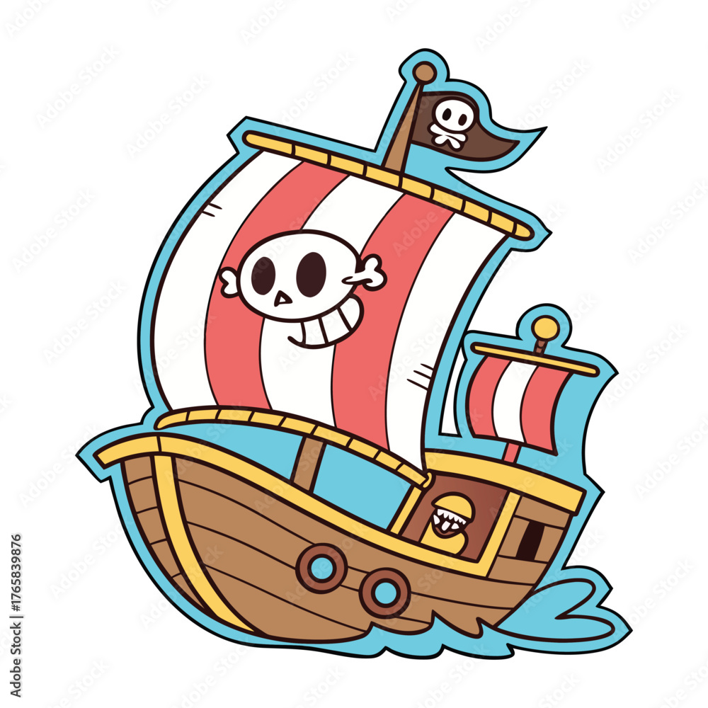 Fototapeta premium Funny Cartoon Pirate Boat Sticker Cute Small Pirate Design
