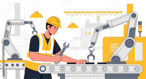 Factory worker with robotic arms, manufacturing, production line, automated process