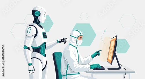 Future collaboration: Human in protective suit working with advanced android on technology interface