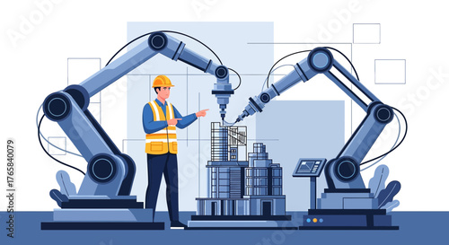 Future construction innovations: robotic arms assembling buildings under engineer supervision