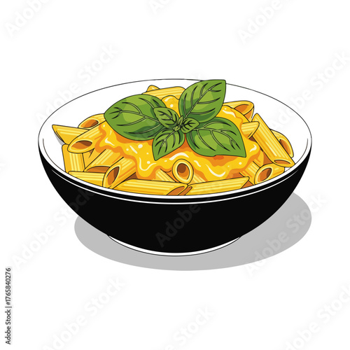 Pasta Dish with Basil, Cheese, and Bowl Illustration