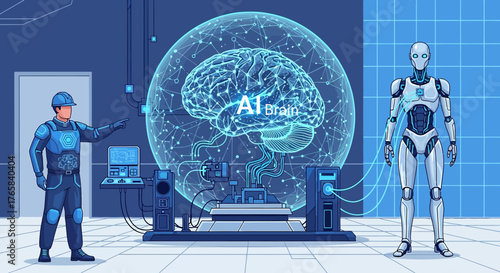 Futuristic AI research laboratory showcasing a robot, engineer, and digital brain interface