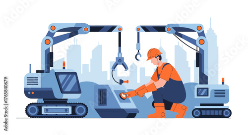 Futuristic construction site showcasing advanced robotics and a skilled worker interacting with