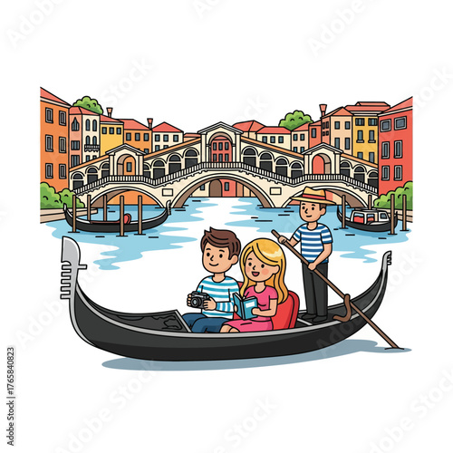 Romantic gondola ride in Venice Italy with happy couple enjoying vacation and sightseeing under the iconic Rialto Bridge with gondolier