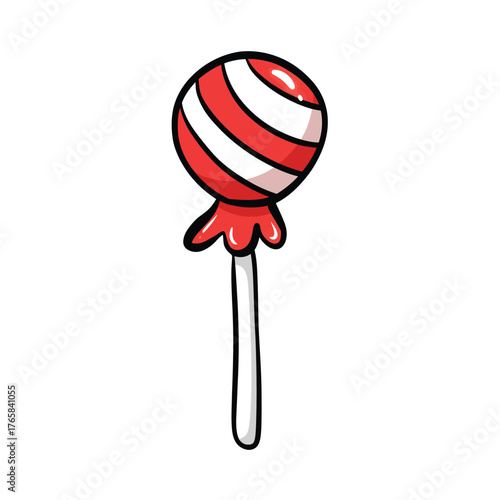 Outline Icon: Simple Red and White Swirl Lollipop on a Stick for Children's Graphic Art Element
