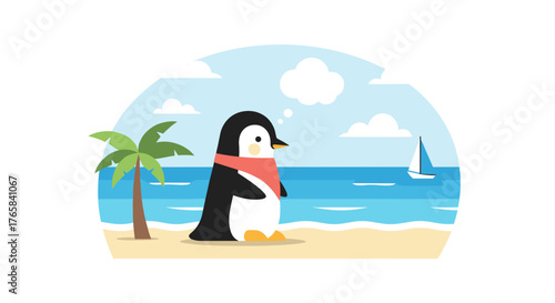 Penguin dreaming of summer beach while standing on sandy shore  