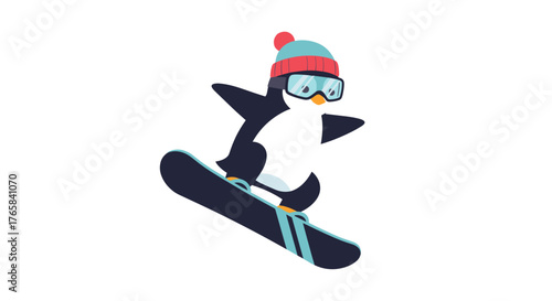 Penguin snowboarding mid-air wearing a winter hat and goggles  